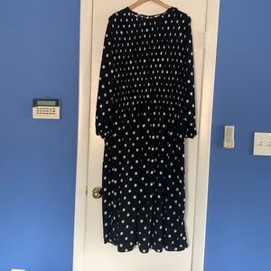 Long sleeve polka dot maxi dress with smocked bodice
